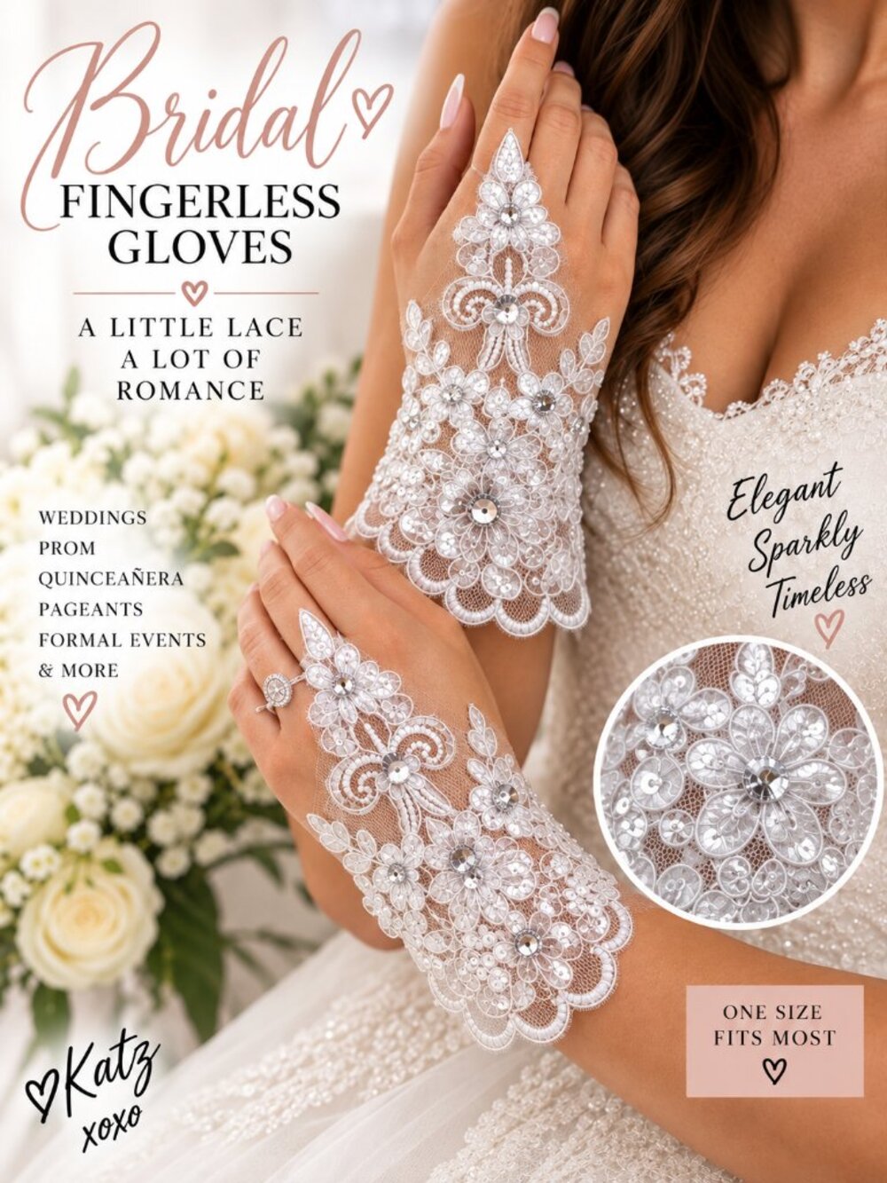 White Lace Bridal Fingerless Gloves Rhinestone Wedding Gauntlet Mesh Wrist Cuffs